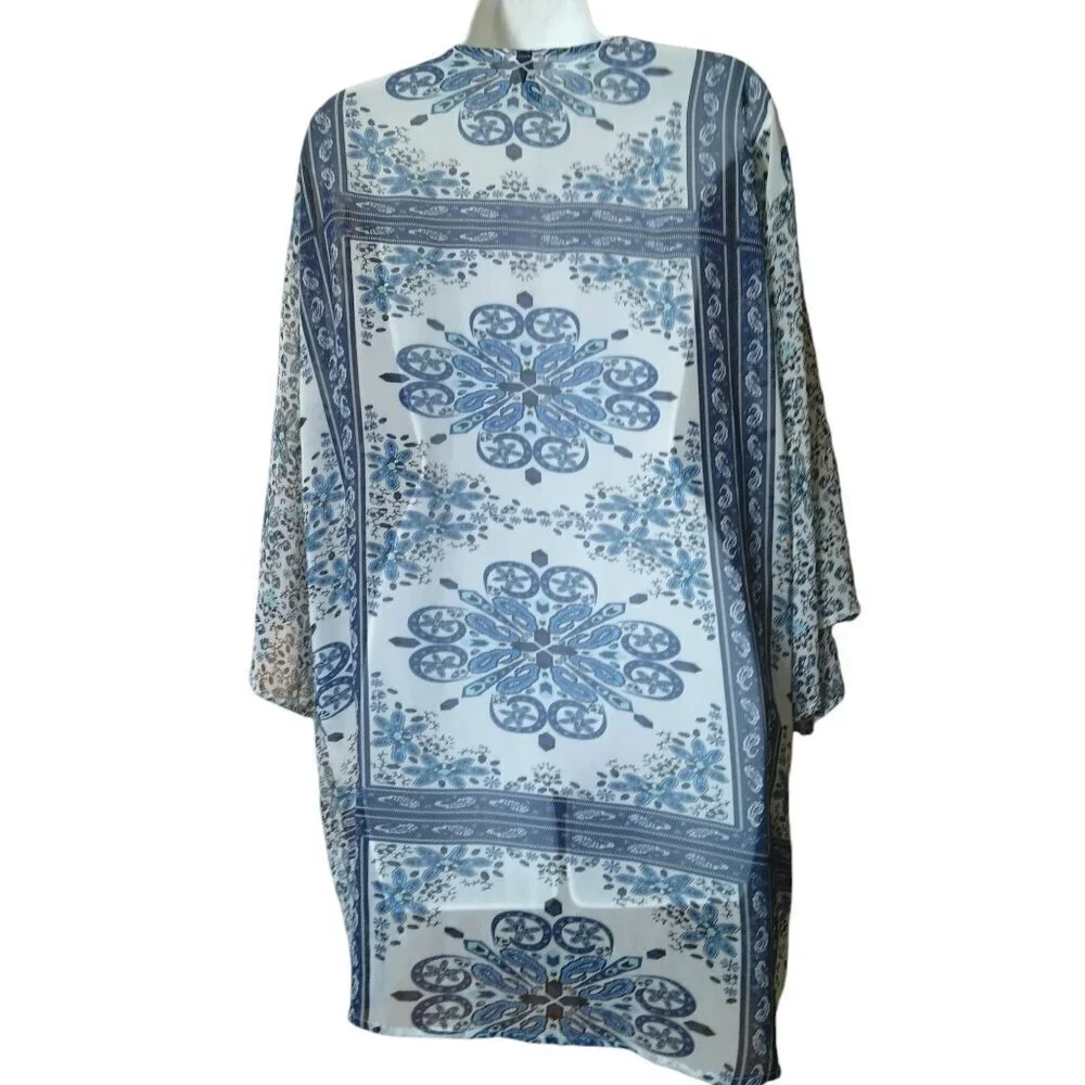 Divided by H&M  Small Open Front Sheer Swim Coverup Kimono Blue White Floral
